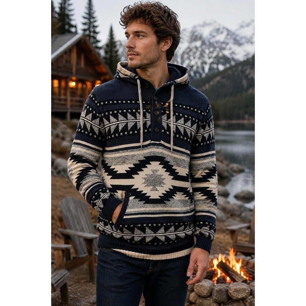 American Eagle Aztec Hoodie Sweater XL Blue Gray Pullover Knit Pocket